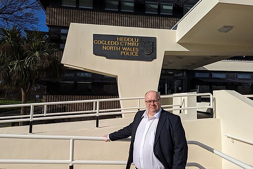 Richard Marbrow in front of the North Wales Police Headquarters
